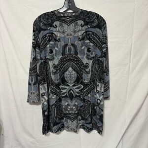 Chico's Travelers Paisley V-Neck Tunic in blue, gray, and black paisley